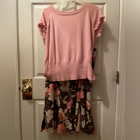 Plus XL 2Pc Set Pink Brown Linen Floral Tulip Flared Skirt - Picture 2 of 14